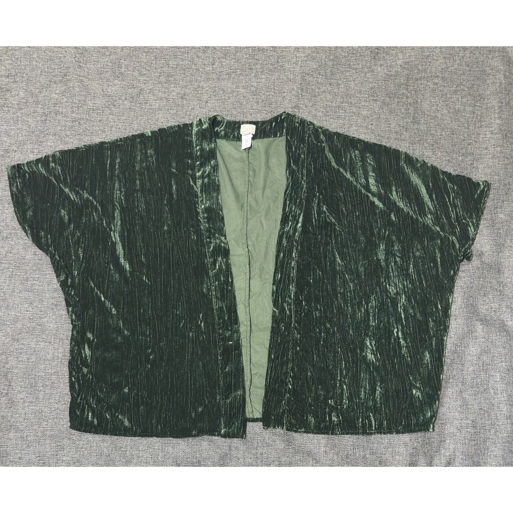A New Day Womens OSFM Kimono Dark Green Velvet Crinkled Open Front Cardigan